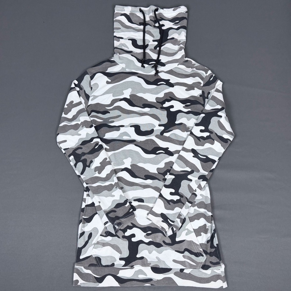 Lily & Lottie Cowl Neck Hoodie Women Medium Gray Camo Long Sleeve Tunic